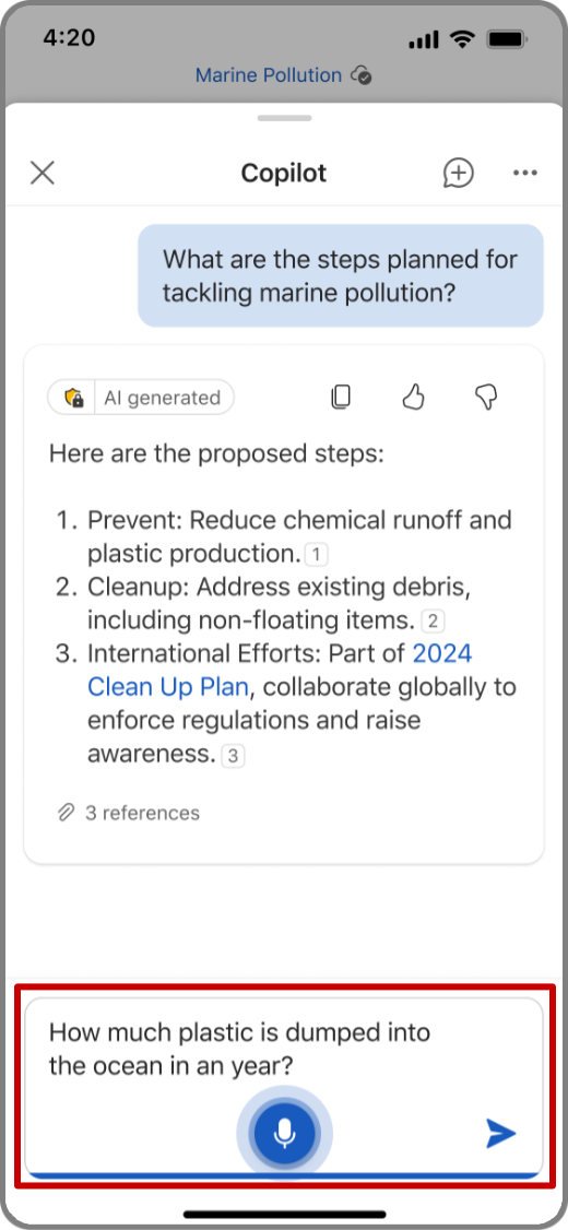 Screenshot of Copilot in Word on an iOS device using voice input