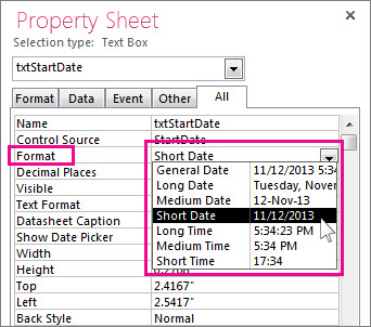 An image of the Property Sheet with the Format drop-down list displayed.