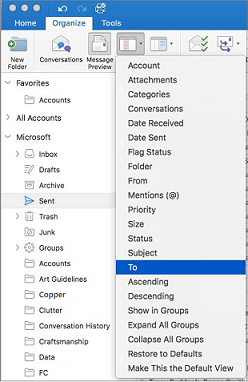Sort your mail in different ways by clicking Organize > Arrange By > and selecting from the list of options