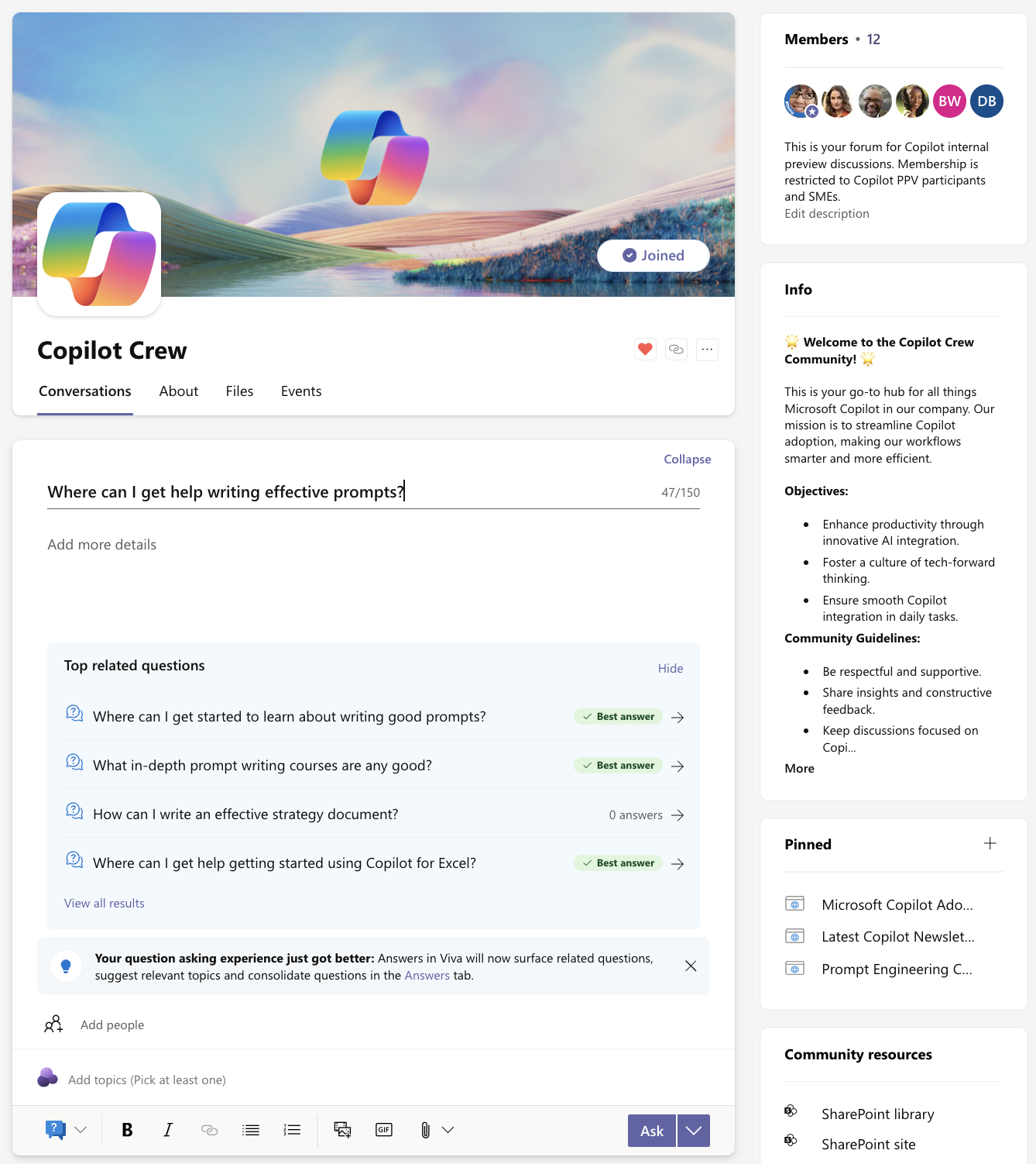 Screenshot shows the Answers experience on the Communities tab.