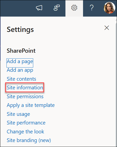 The Site Information option in the Settings dialog box.