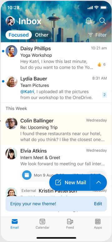 A screen showing how a theme looks when it's applied on Outlook Mobile