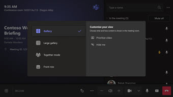 Microsoft Teams meeting interface with participant details. A view customization menu is open, offering gallery, large gallery, together mode, and front row layouts.