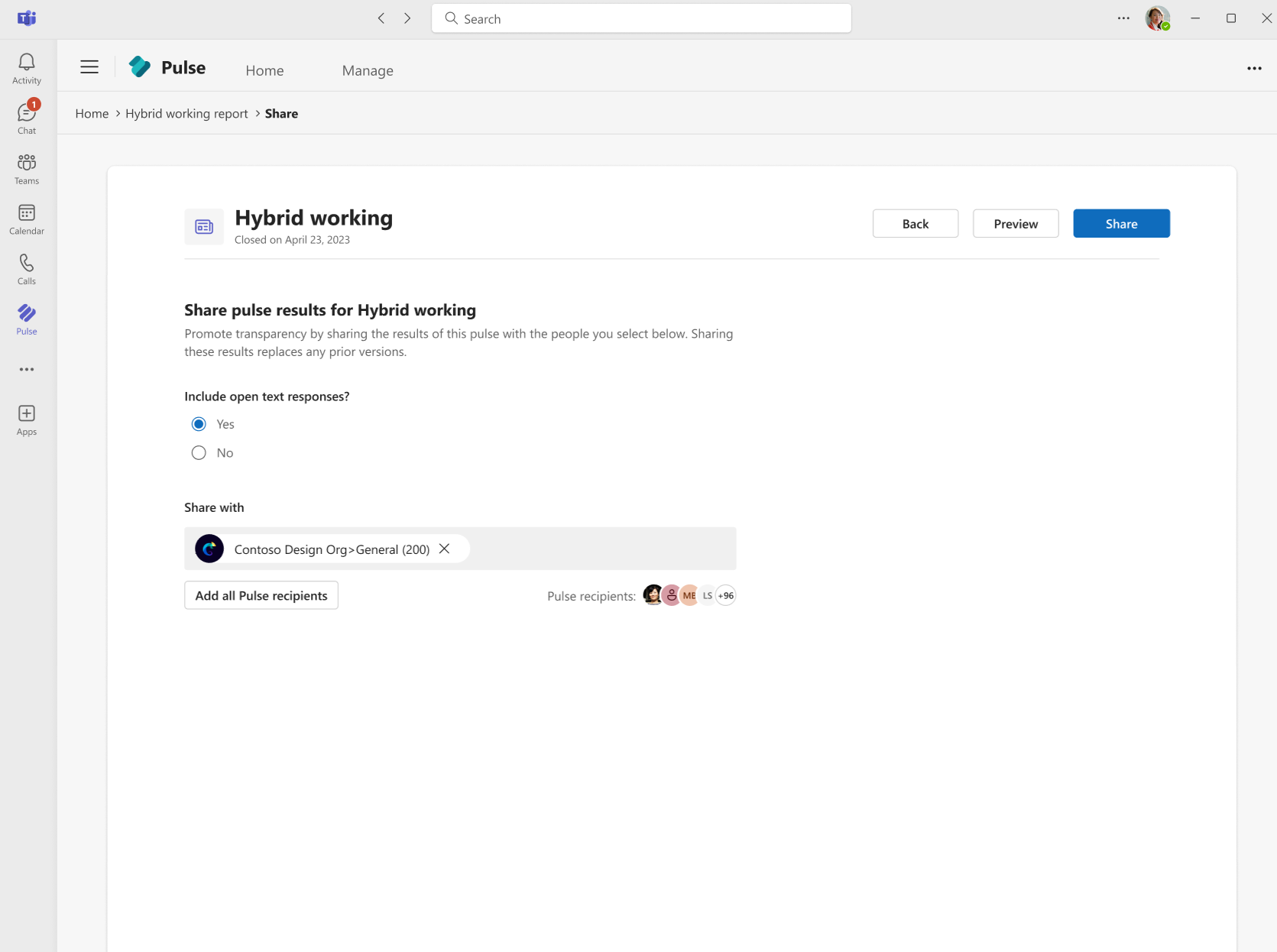 Screenshot showing the experience to share a Viva Pulse report