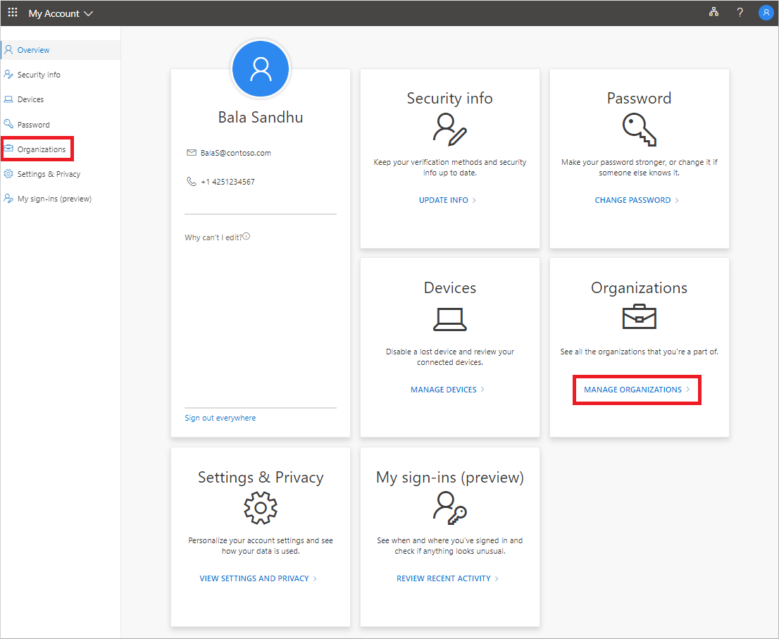 My Account page, showing highlighted Organizations links