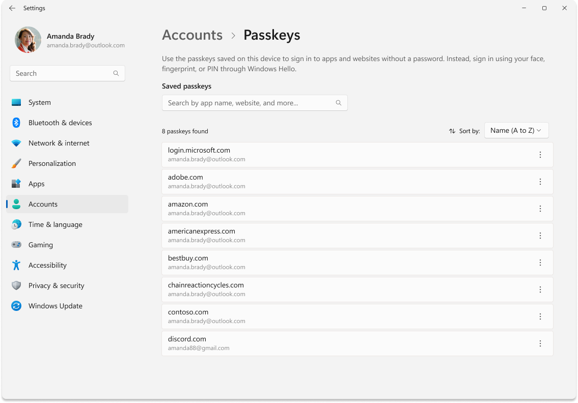 Screenshot of the Settings app showing a list of the passkeys stored on the device.