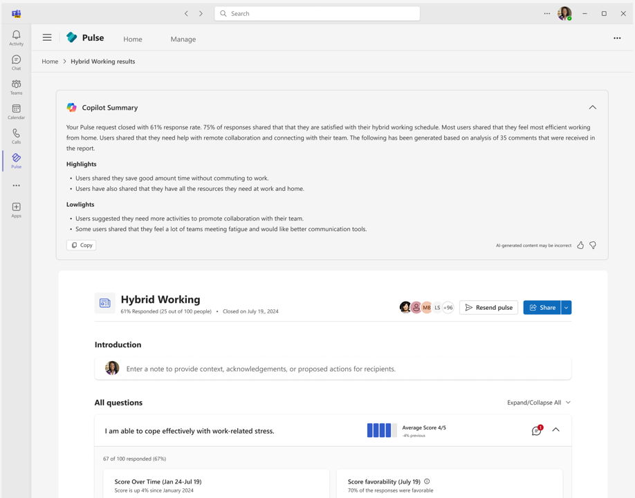 Screenshot of a Pulse report showing the summary generated using Copilot