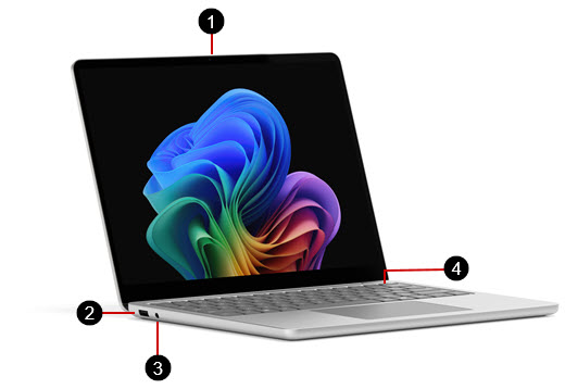 A Surface Laptop 13-inch with the hardware features labeled.