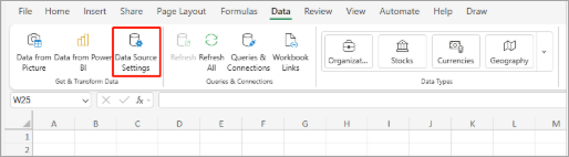 Shows the "Data" tab in Excel. There's a red box around "Data Source Settings" option.