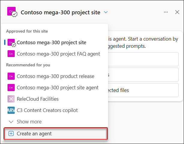 The screenshot of creating a new copilot agent from the chat pane