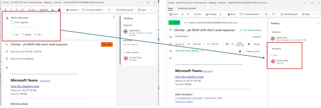 Screenshot shows don't send response RSVP tracked in new outlook