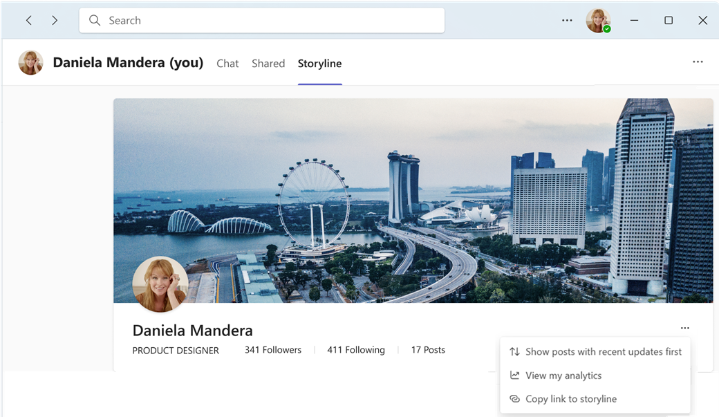 Teams Storyline menu for opening analytics