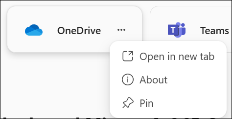 An app tile in the Apps module of the Microsoft 365 Copilot app. The More options button has been selected and a context menu appears. The third option down is "Pin".
