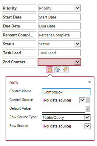 Initial state of property box for a combo list control