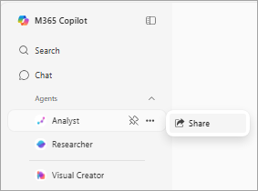Shows Microsoft 365 Copilot, with the "Analyst" agent selected under "Agents" and a "Share" option visible.