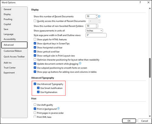 Word typography settings