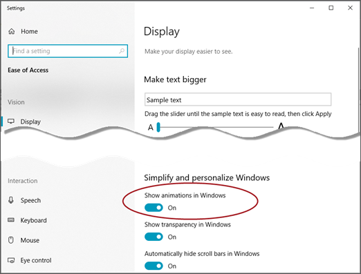 The Ease of Access Display menu with the Show animations in Windows option highlighted.