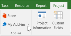 Screenshot of a section of the Project tab on the ribbon with a cursor pointing to the My Add-ins drop-down. Select My Add-ins to select a recently used add-in, manage all your add-ins, or go to the Office Store for new add-ins.