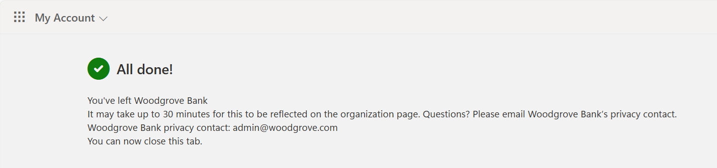 Screenshot shows the Left the Organization confirmation screen.