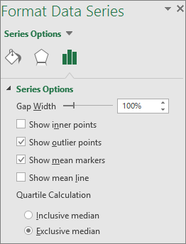 Format Data Series task pane showing Box and Whisker chart options in Office 2016 for Windows