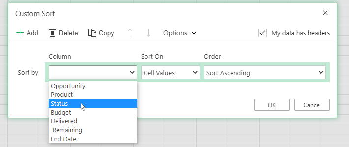Select a column in the custom sort dialog