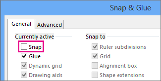 Snap & Glue dialog box with Snap cleared in Visio 2016