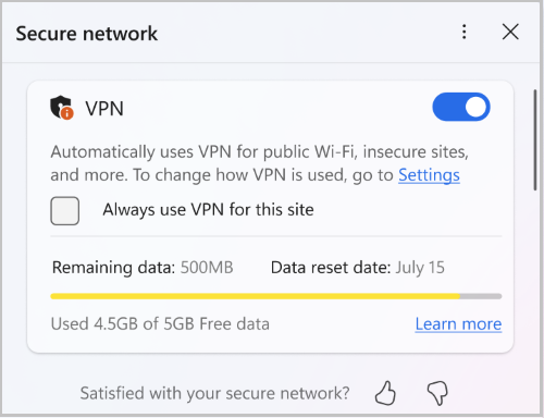 Screenshot of Edge secure network data limit