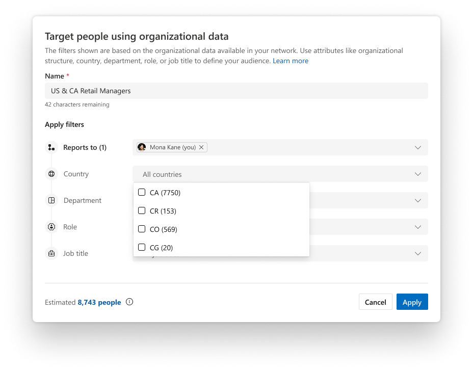 Image of step in Storyline Announcement's audience definition flow to target people using organizational data