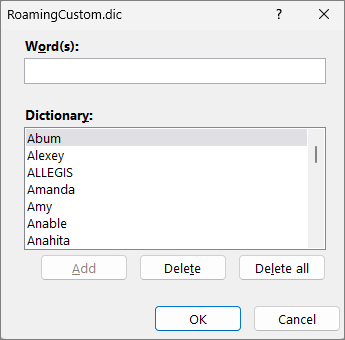 Dictionary editing dialog