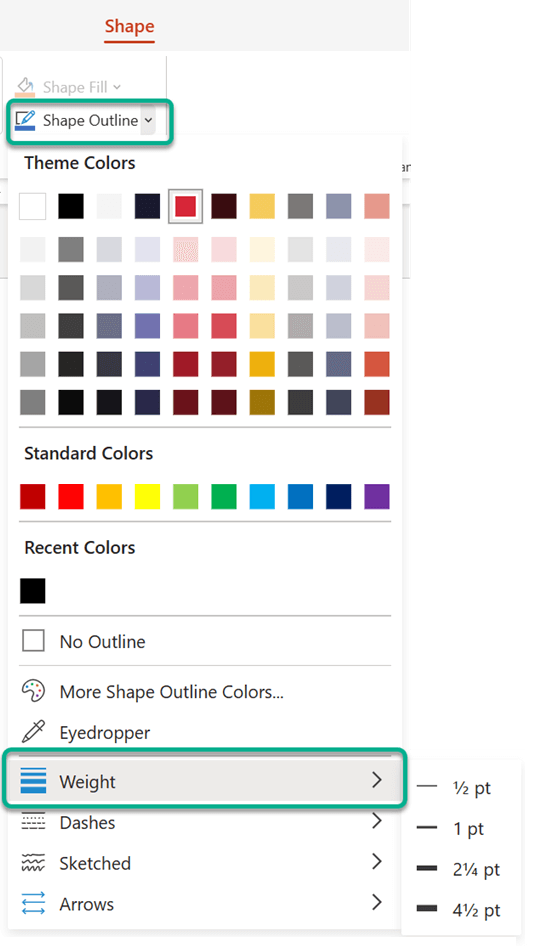 On the Shape tab, under Shape Outline, you can use the Weight options to change the thickness of the selected line.