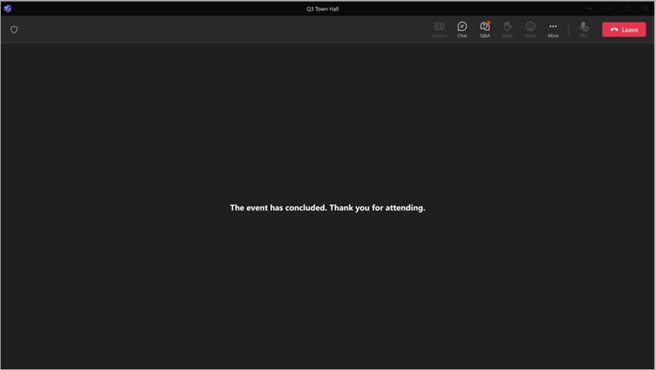 Screenshot showing the attendee view when a Microsoft Teams event ends.