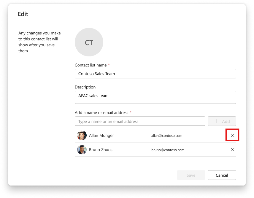 The editor dialog that gives the option to remove a contact from a contact list