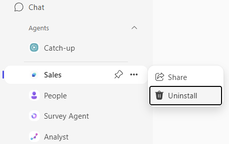 Screenshot of uninstalling agent in M365 Copilot app