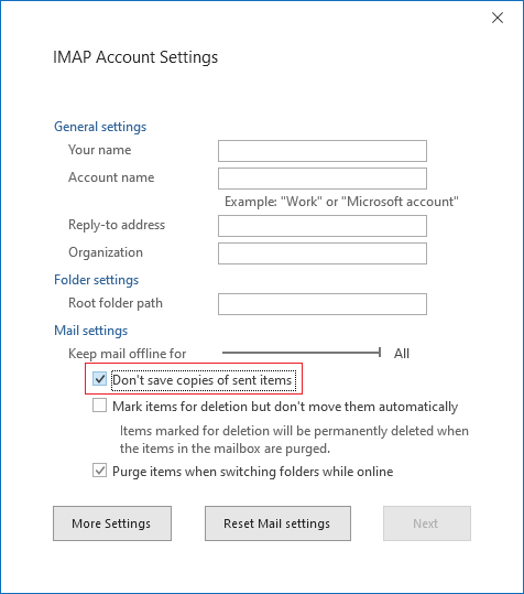 IMAP Account Settings, Don't save copies of Sent Items