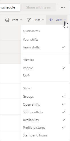 Customize the schedule view in Shifts using the options on the View menu.