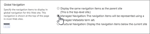 Global navigation settings with managed navigation selected
