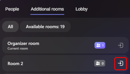 Screenshot showing how organizers can change rooms in an immersive event.
