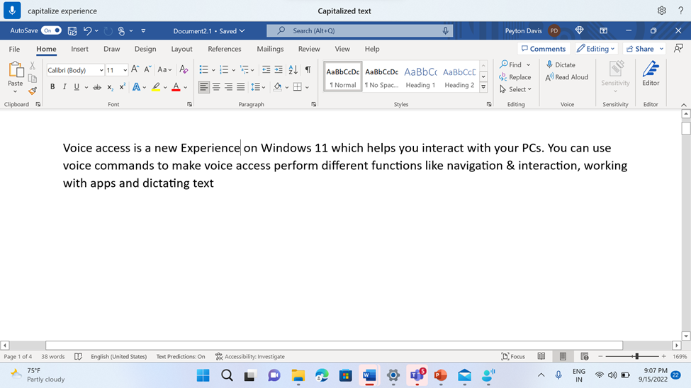 Word document showing the voice access command "Capitalize."