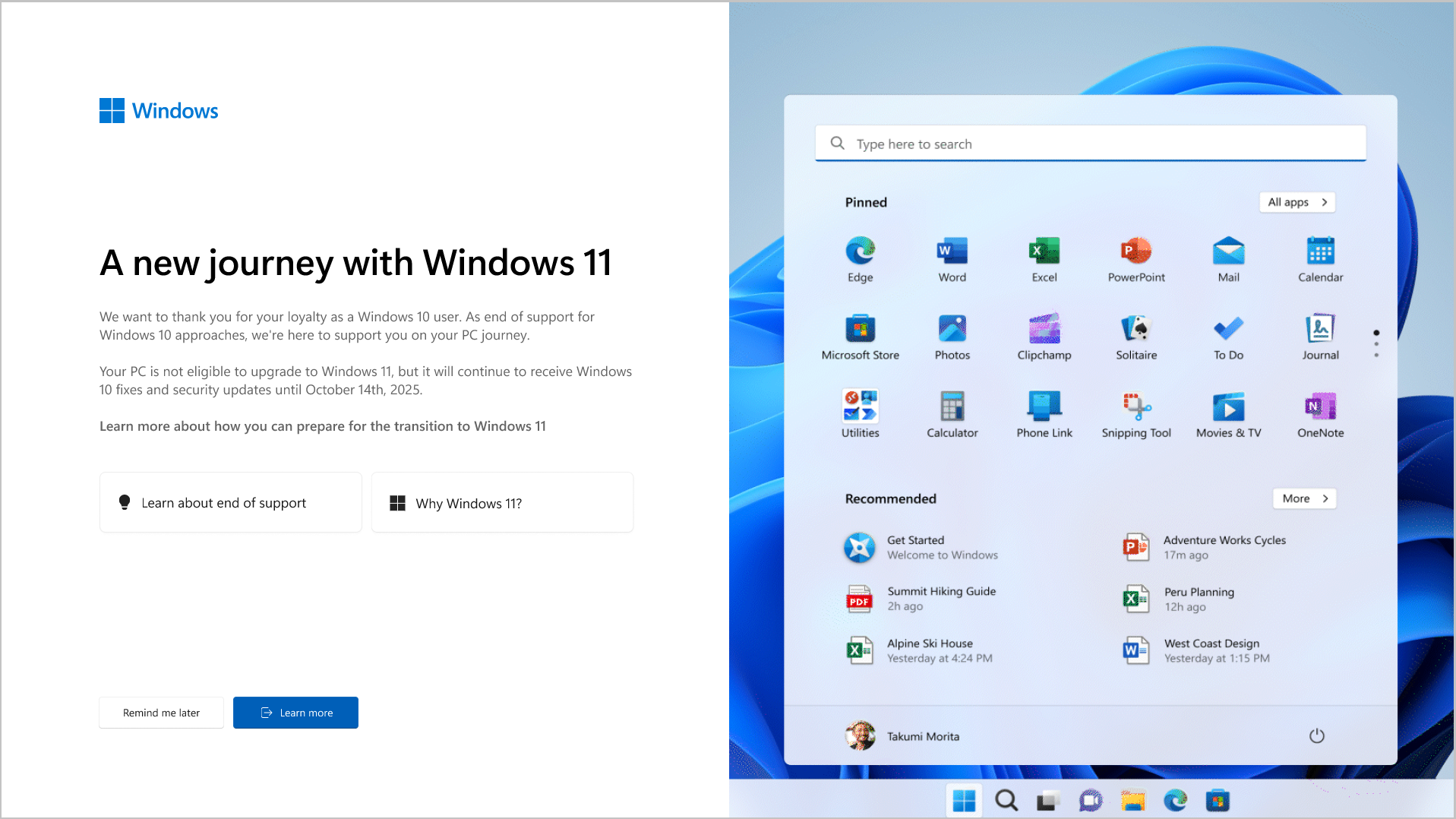 Screenshot of the learn more notification for Windows 10 end of support.