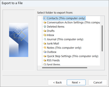 Screenshot in classic Outlook with Contacts (This computer only) selected for export