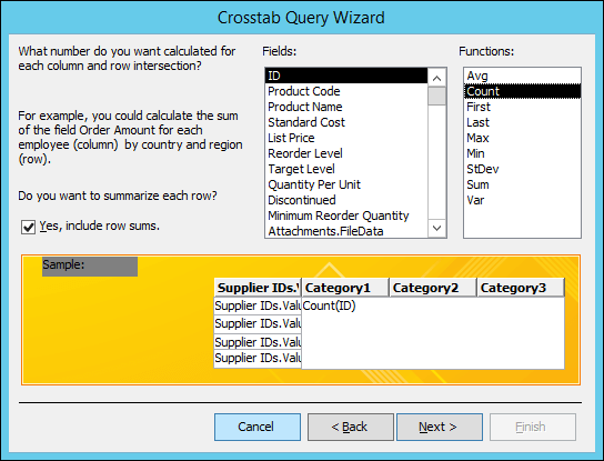 Select a field and function to calculate on the Crosstab query wizard.