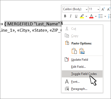 Toggle field codes selected