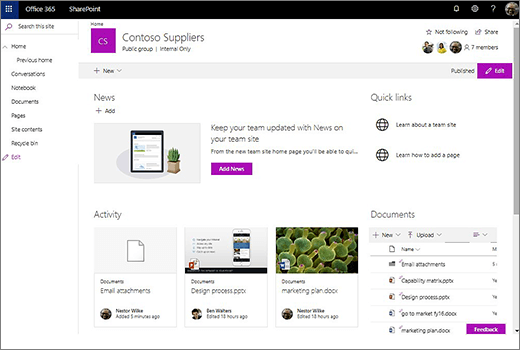 This shows the team site after you've connected a new Office 365 Group and includes links to your old team site.