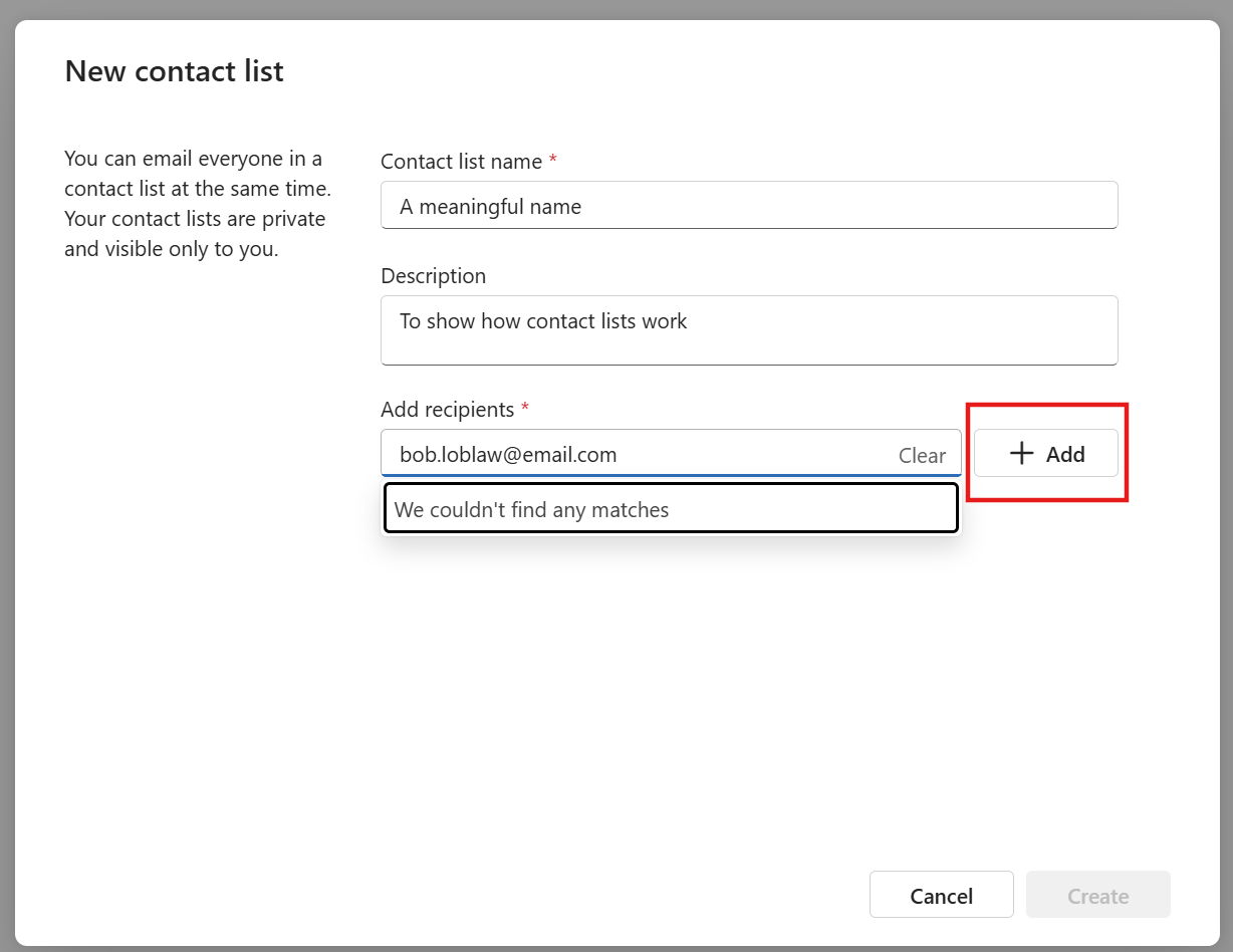 Contact list editor dialog that shows the option to add a contact by email