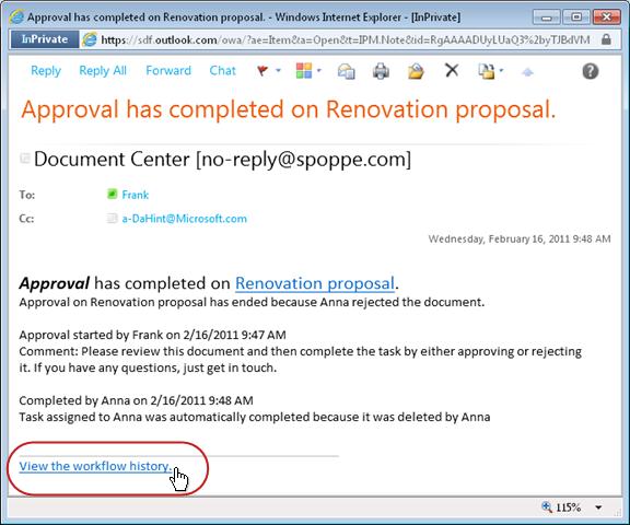 Workflow completed notification with history link highlighted