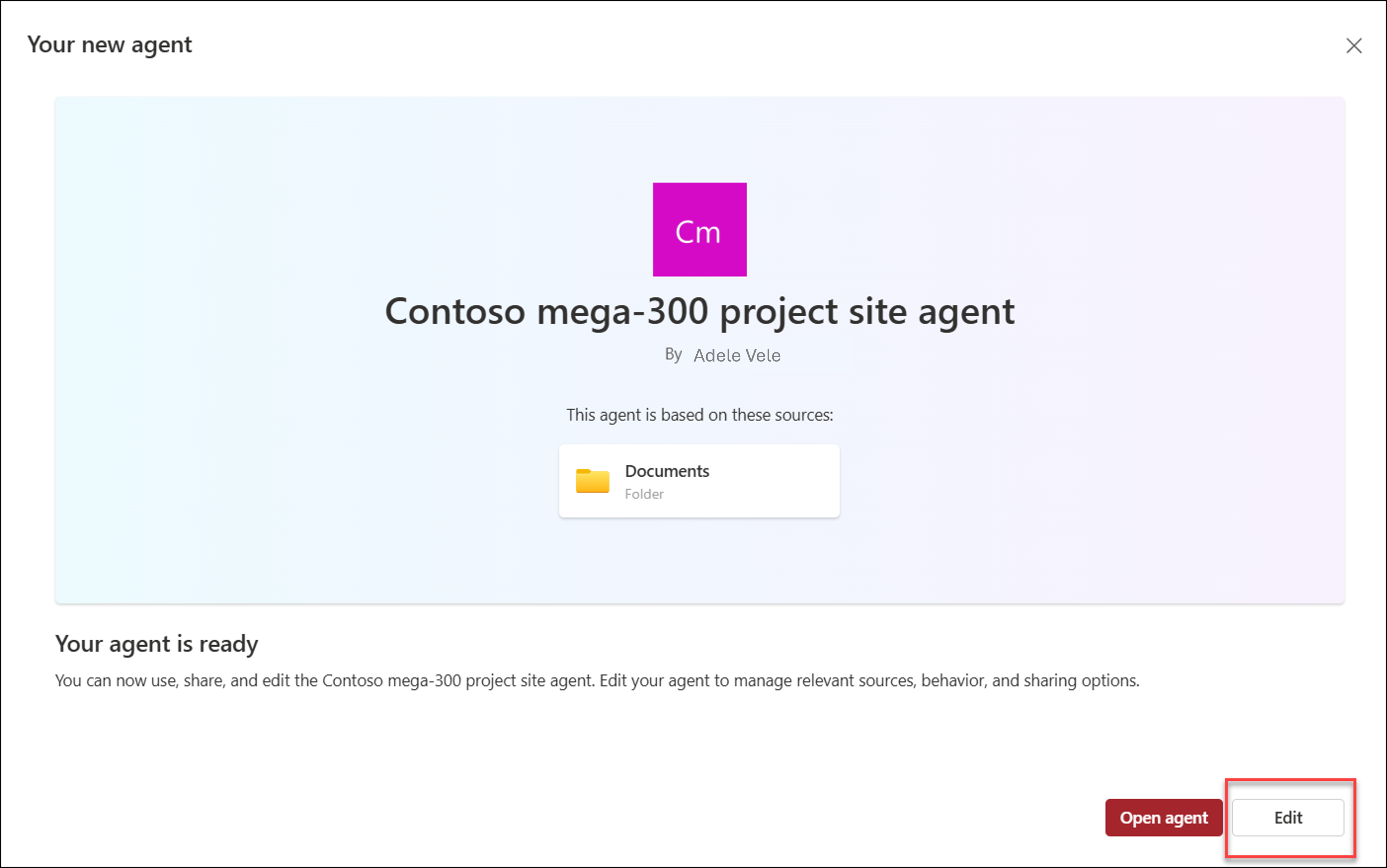 screenshot of editing existing agent