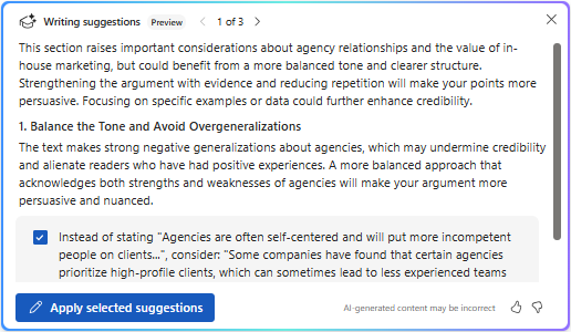 Apply selected suggestions option in Copilot in Word