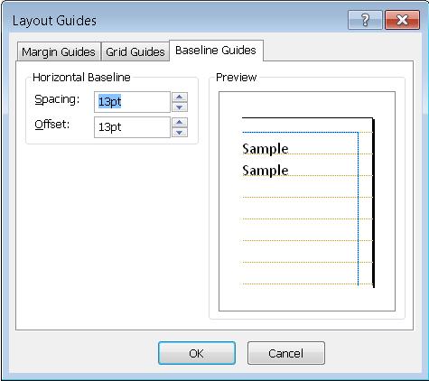 Publisher Layout Guide dialog showing the Baseline Guides tab