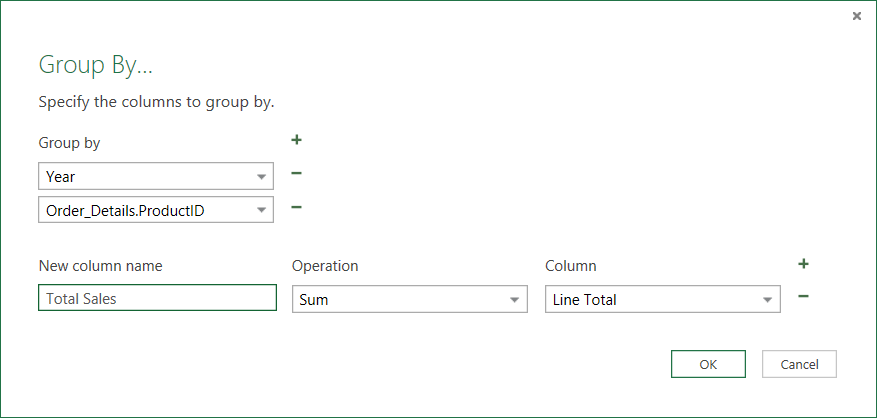 Group By Dialog Box for Aggregate Operations
