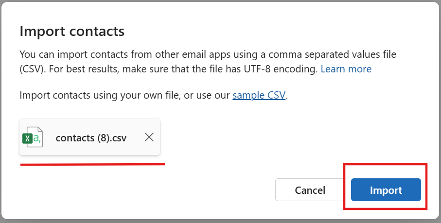 The importer interface showing the selected import file